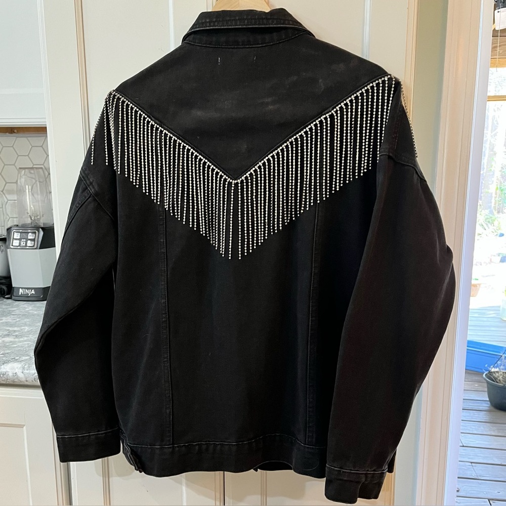 Cowgirl Rhinestone Fringe Black Denim Jacket, VEVERET sz 18. Trucker Glam Biker - Picture 7 of 11